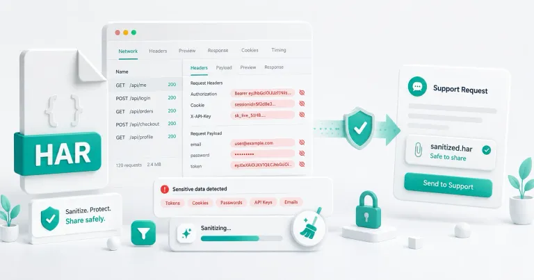 HAR file with sensitive information identified before sharing with support