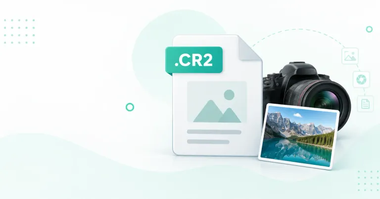 Flat-vector diagram of a Canon CR2 RAW file being converted to a JPG, with a rust-colored 'CR2 vs CR3' label noting that R-series and M50+ cameras write CR3.
