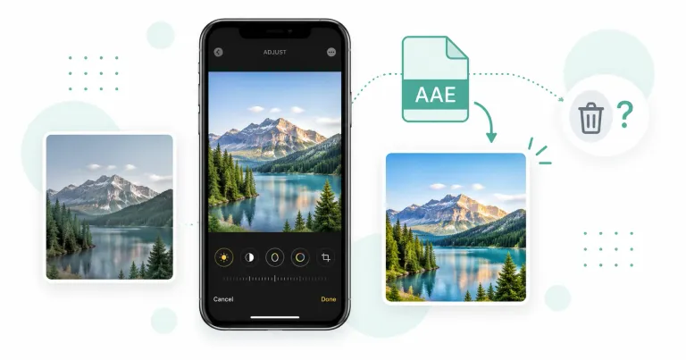 Flat-vector diagram of an iPhone photo pair: the original HEIC image beside its AAE XML sidecar holding the crop, filter and exposure edits, with a rust-colored 'edits live here' label.